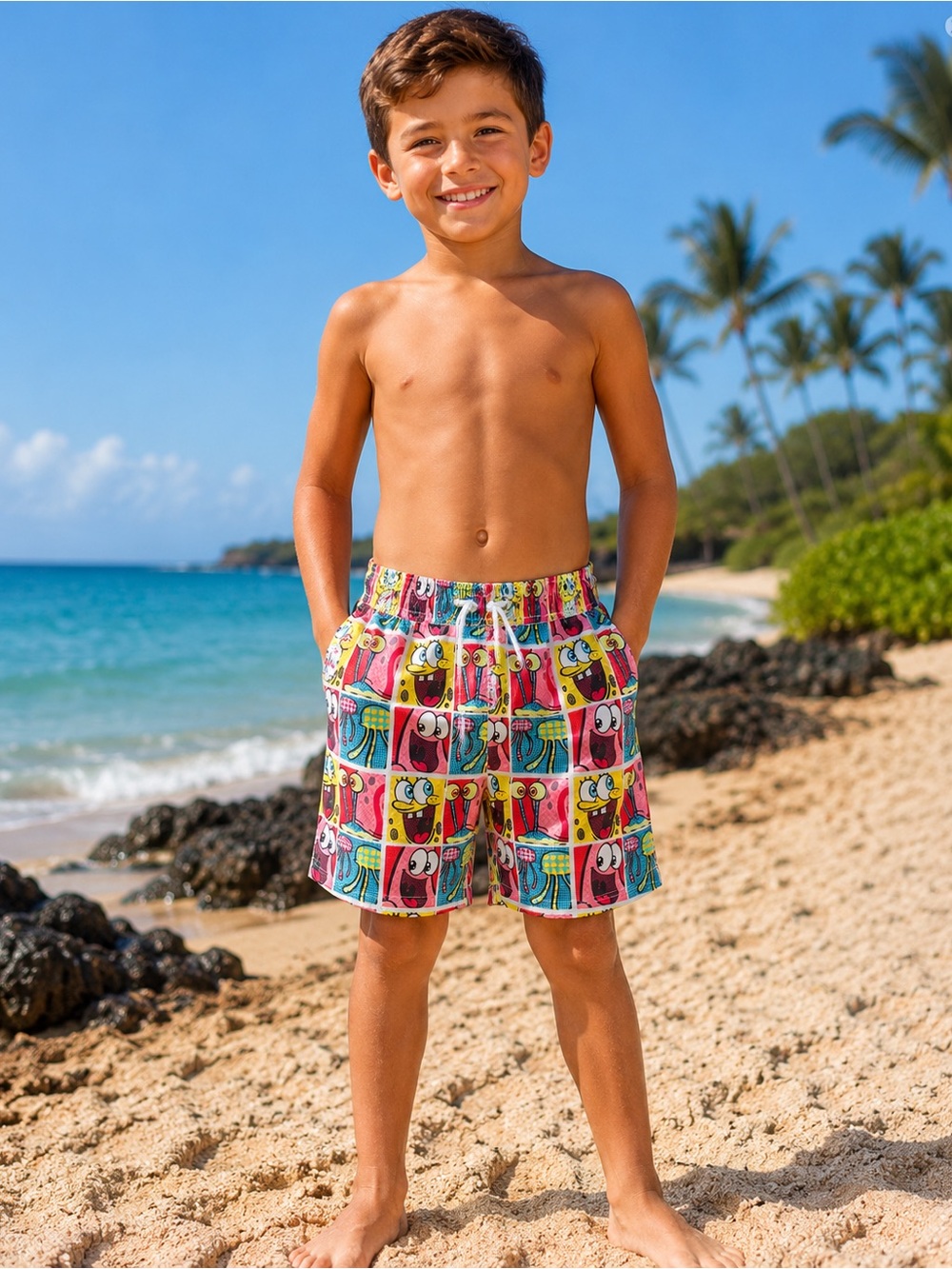 Andy & Evan x SpongeBob SquarePants Swim Trunks Boys Size 10 NWT UPF 50